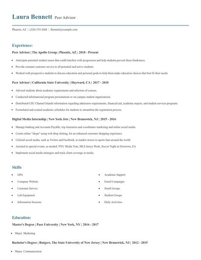 Peer Advisor Resume