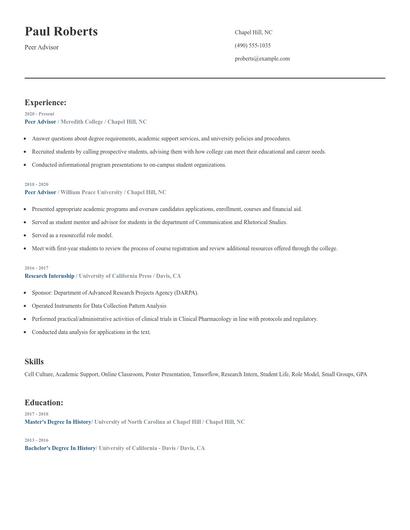 Peer Advisor Resume