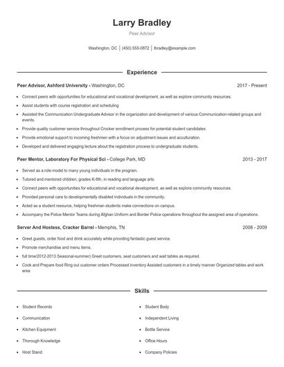 Peer Advisor Resume