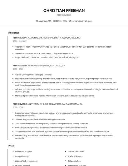 Peer Advisor Resume