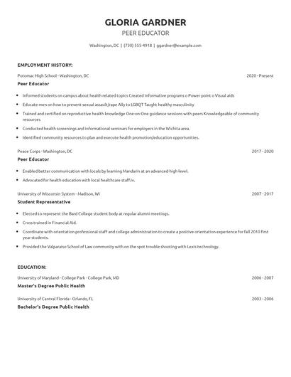 Peer Educator Resume