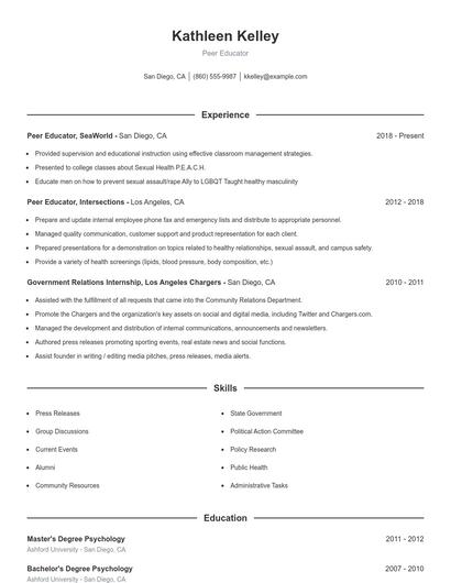 Peer Educator Resume