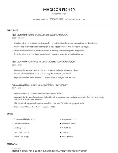 Peer Educator Resume