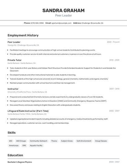 Peer Leader Resume