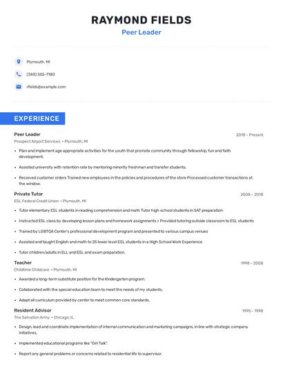 Peer Leader Resume