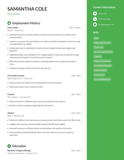 Peer Leader Resume