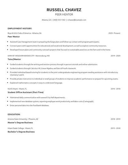 Peer Mentor Resume