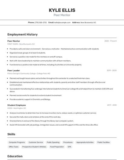Peer Mentor Resume