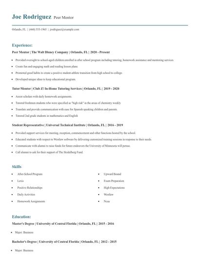 Peer Mentor Resume