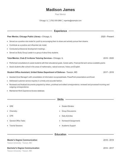 Peer Mentor Resume
