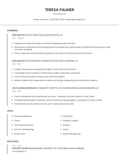 Peer Mentor Resume