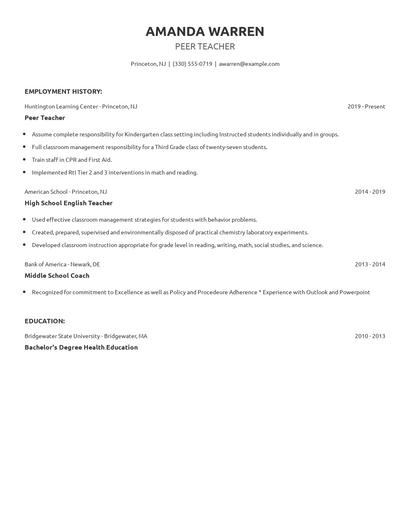 Peer Teacher Resume
