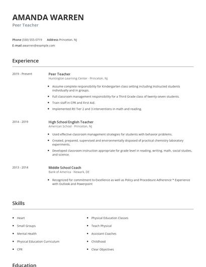 Peer Teacher Resume