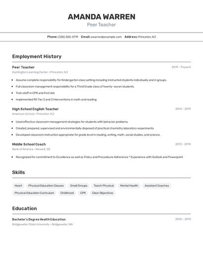 Peer Teacher Resume