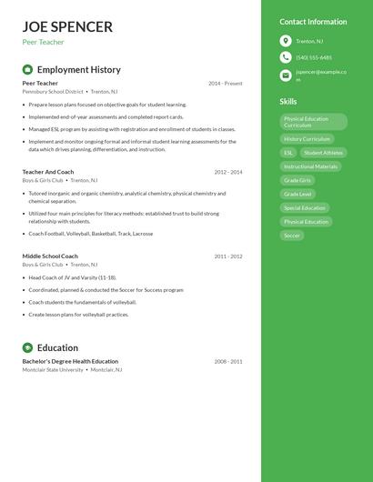 Peer Teacher Resume