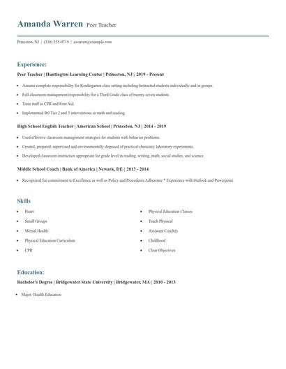 Peer Teacher Resume