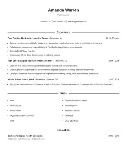 Peer Teacher Resume