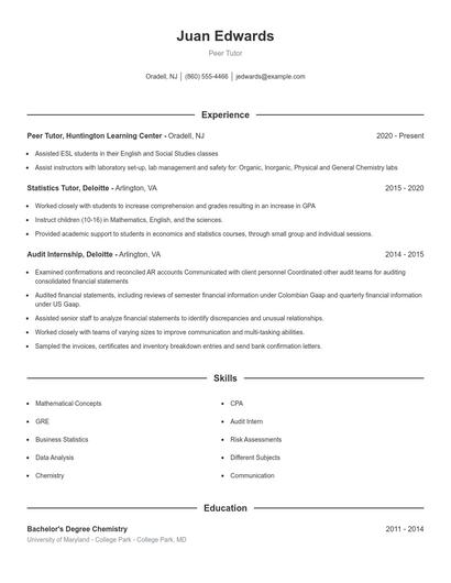 Peer Tutor Resume