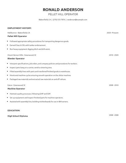 Pellet Mill Operator Resume