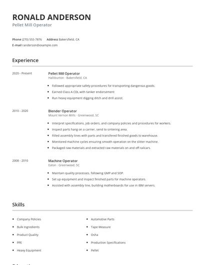 Pellet Mill Operator Resume