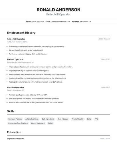 Pellet Mill Operator Resume