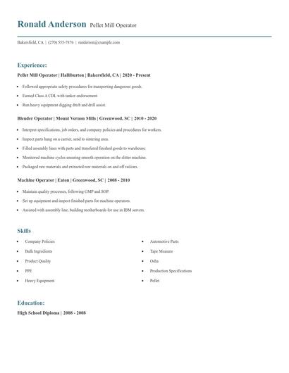Pellet Mill Operator Resume
