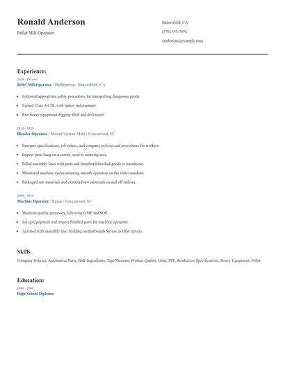 Pellet Mill Operator Resume