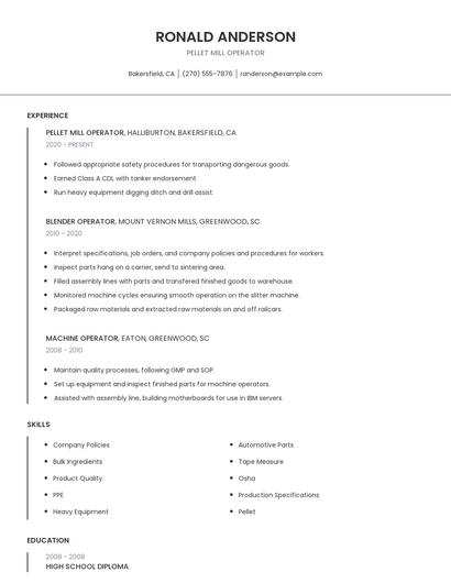 Pellet Mill Operator Resume