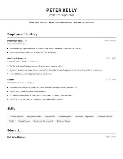 Pelletizer Operator Resume
