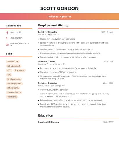 Pelletizer Operator Resume