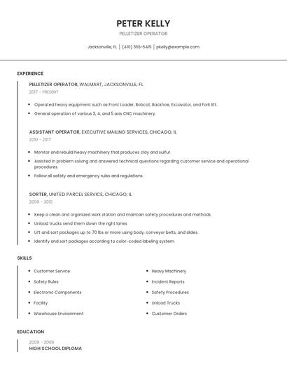 Pelletizer Operator Resume