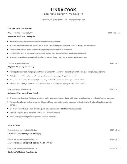 Per Diem Physical Therapist Resume