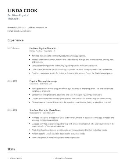Per Diem Physical Therapist Resume