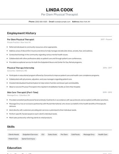 Per Diem Physical Therapist Resume