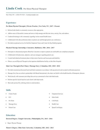 Per Diem Physical Therapist Resume