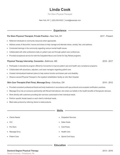 Per Diem Physical Therapist Resume