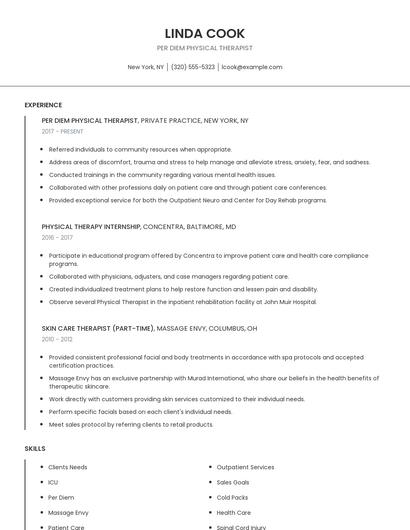 Per Diem Physical Therapist Resume