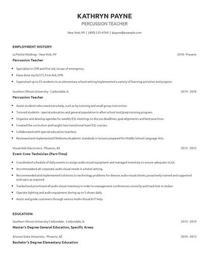 Percussion Teacher Resume