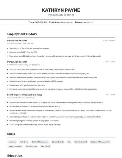 Percussion Teacher Resume