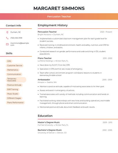 Percussion Teacher Resume