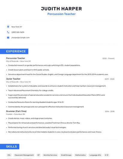 Percussion Teacher Resume
