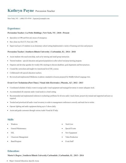 Percussion Teacher Resume