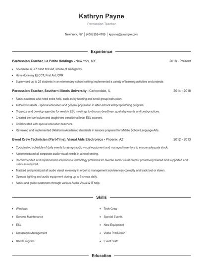 Percussion Teacher Resume