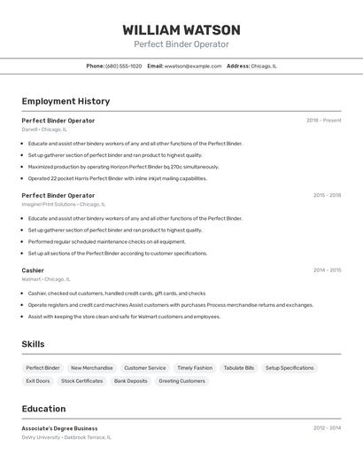 Perfect Binder Operator Resume