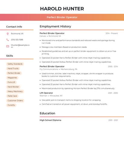 Perfect Binder Operator Resume