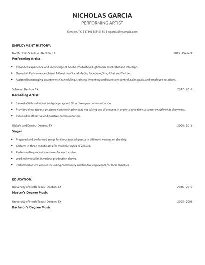 Performing Artist Resume