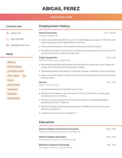 Performing Artist Resume