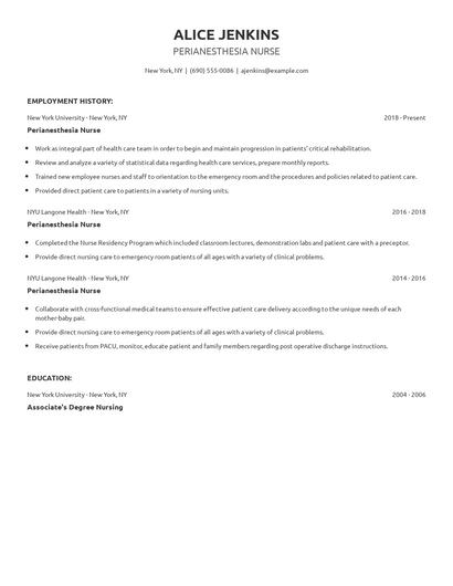 Perianesthesia Nurse Resume