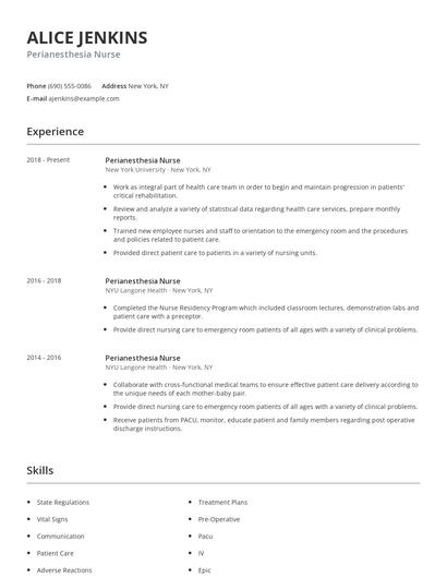 Perianesthesia Nurse Resume