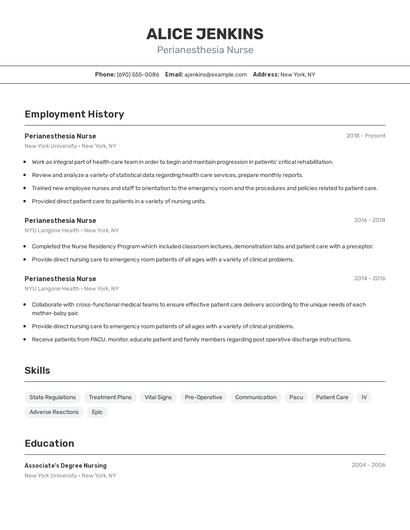 Perianesthesia Nurse Resume